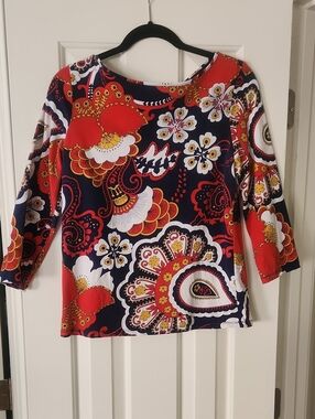 Talbots Women's Red Floral Print Boatneck Top